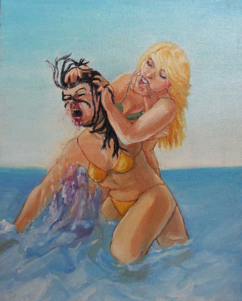 deux femmes se battent dans l'eau